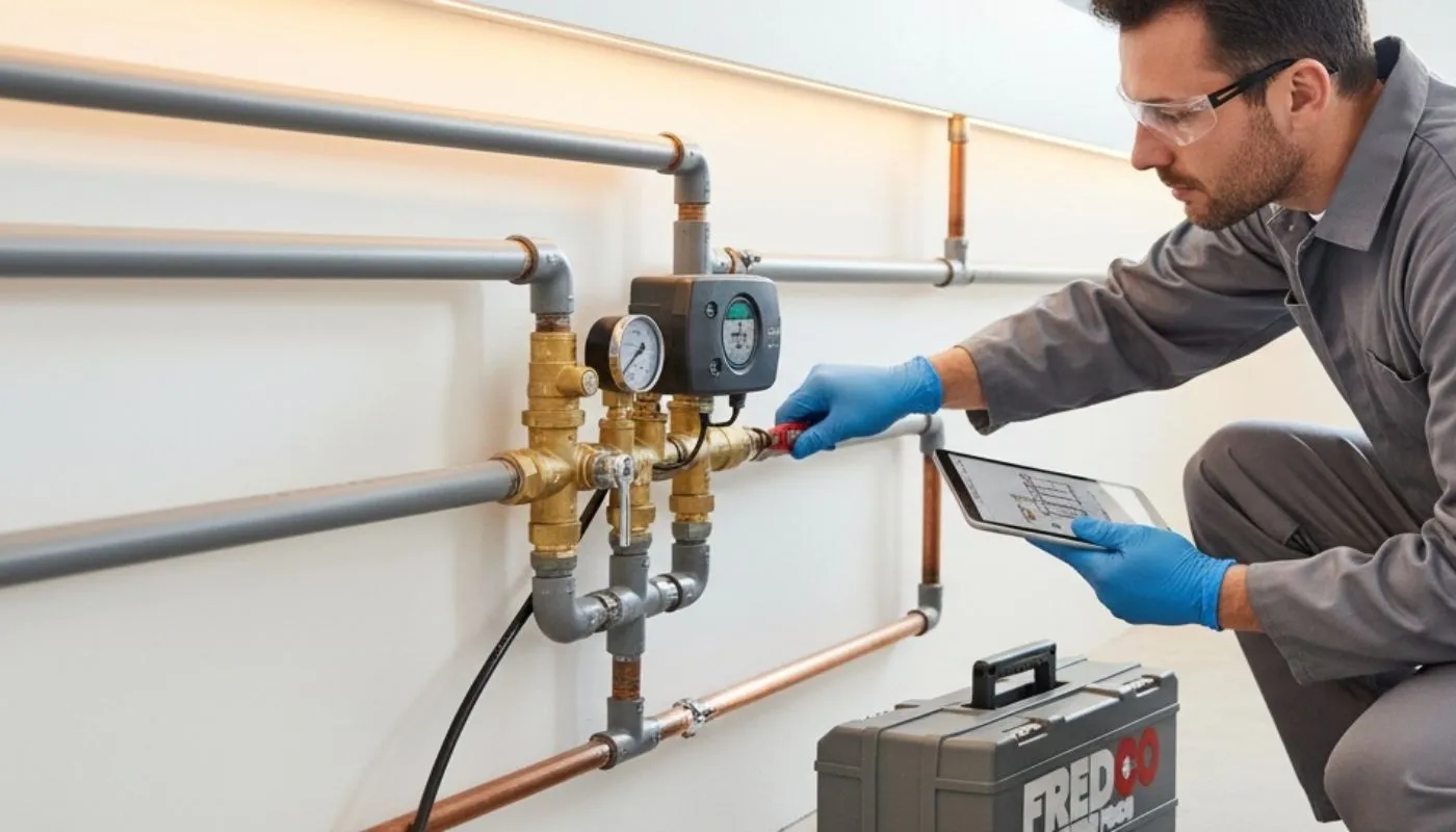 certified-plumber-diagnosing-backflow-preventer-with-digital-tablet-commercial-water-system-repair