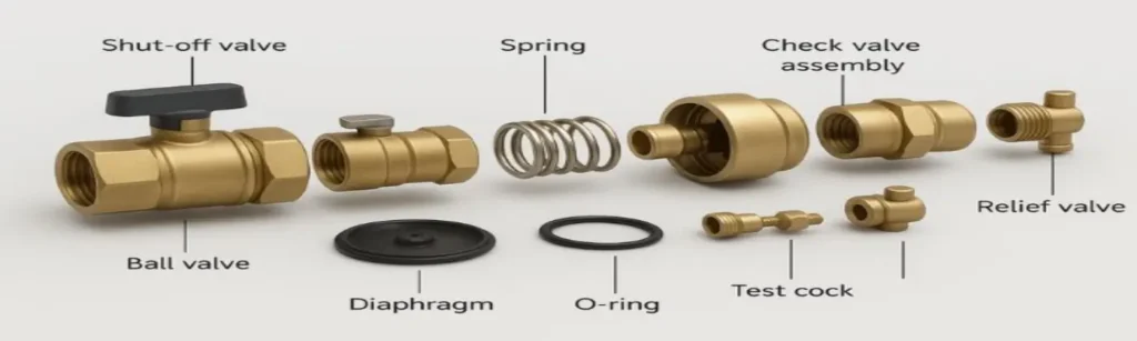backflow-prevention-components-explained Diagram of brass backflow-prevention parts (ball valve, diaphragm, O-ring, check valve) for homeowners and businesses—ideal for local backflow testing, certification, and maintenance.