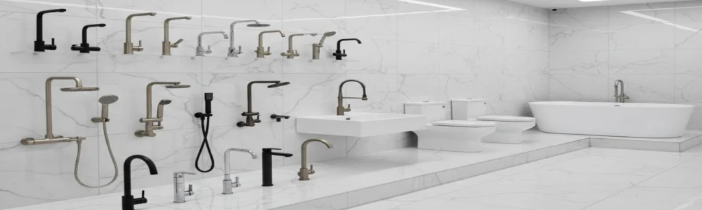 Showroom display of various modern bathroom plumbing fixtures including faucets, shower heads, toilets, and freestanding tubs for home remodeling.