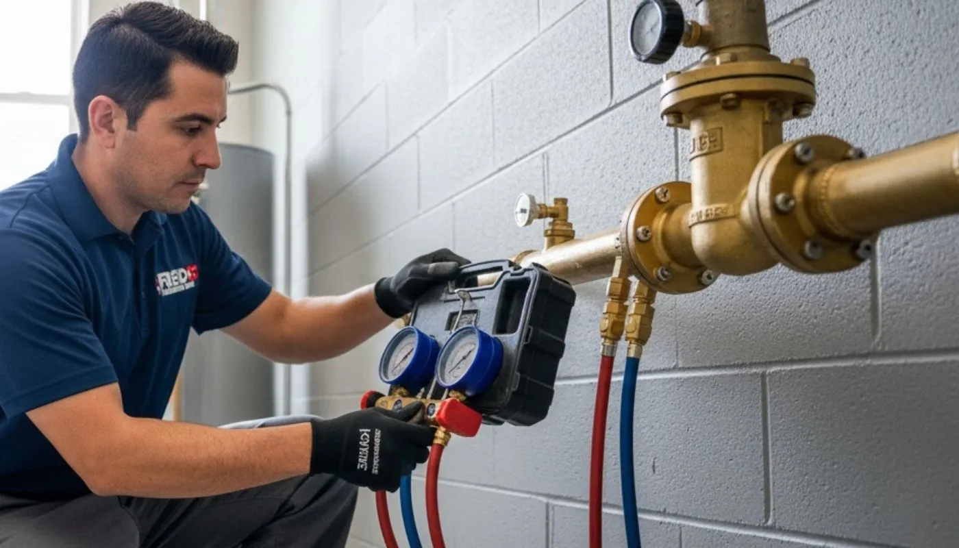 plumber using gauge manifold to test brass backflow preventer valve for commercial plumbing