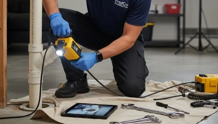 licensed plumber using video camera to inspect pvc drain pipe clog diagnosis local area.