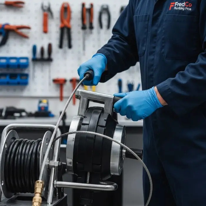 FredCo plumber using a drain snake to solve plumbing issues in Frederick, MD, with tools in background.