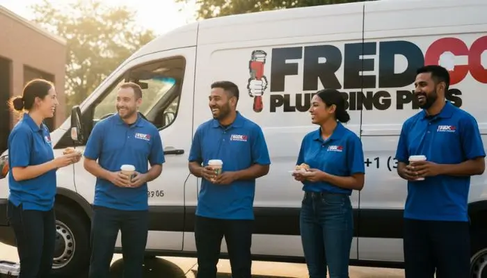 FredCo Plumbing Pros team chatting with coffee beside service van in Frederick, MD.