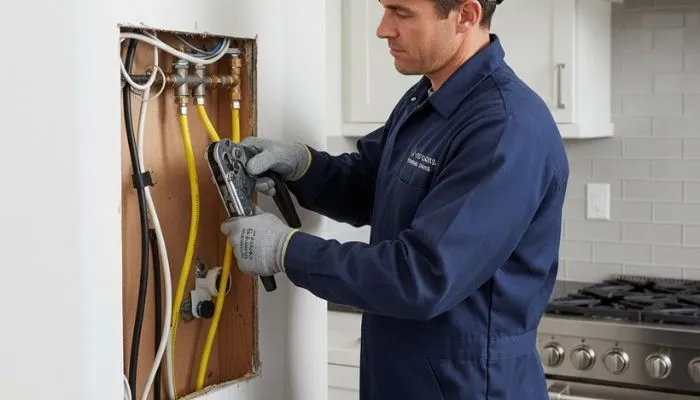 licensed plumber installing yellow flex gas line connection to kitchen stove. gas fitting repair.