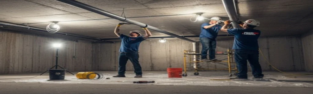 Professional plumbers installing large drain pipe in basement to fix common indoor drainage issues