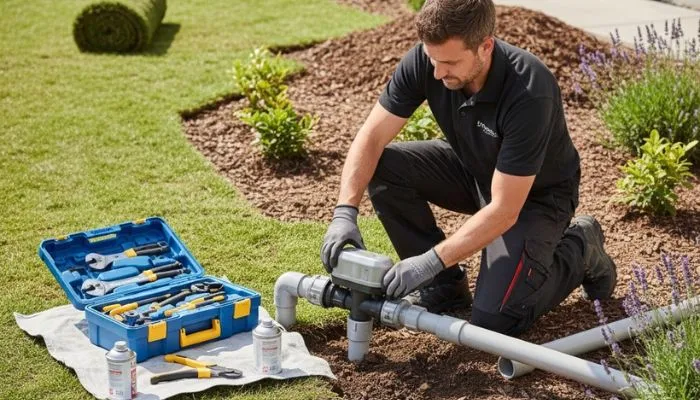 licensed-plumber-repairing-underground-irrigation-valve-and-pvc-pipes-sprinkler-system-maintenance