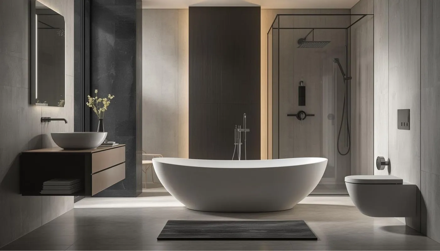 modern bathroom plumbing fixtures. freestanding tub, wall toilet, & black-faucets local installation.