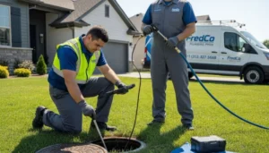 Professional plumbers using sewer camera to inspect outdoor drain for indoor drainage problems in residential yard