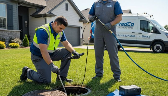 Professional plumbers using sewer camera to inspect outdoor drain for indoor drainage problems in residential yard