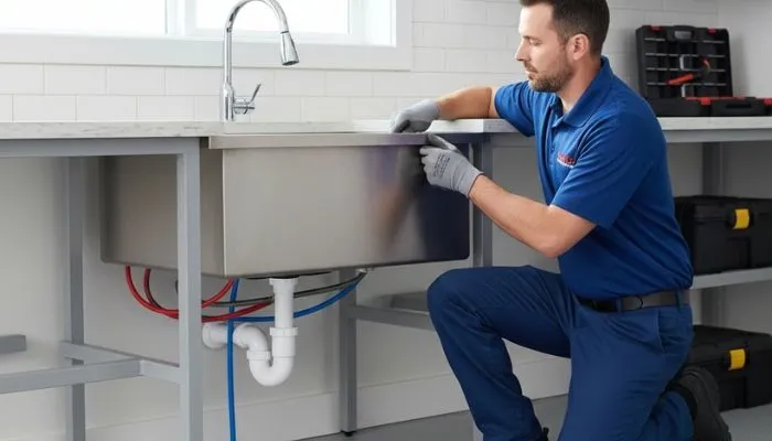 licensed-plumber-adjusting-commercial-stainless-steel-sink-drain-pvc-pipe-for-clog-removal