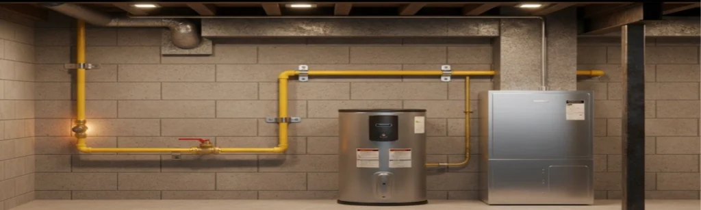 residential-gas-line-installation-water-heater-furnace.jpg Yellow flexible gas line piping running to a water heater and furnace in a basement, showing professional local gas installation.