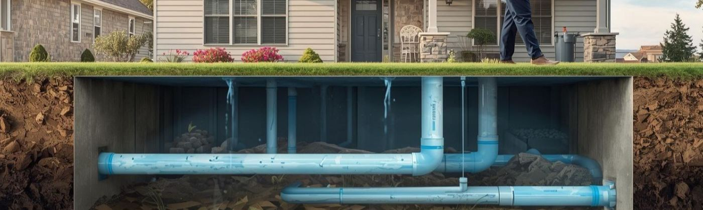 residential-sewer-system-leaking-pipes-foundation-inspection.jpg Residential sewer system cross-section view illustrating leaking drain pipes under a home foundation for local plumbing inspection.