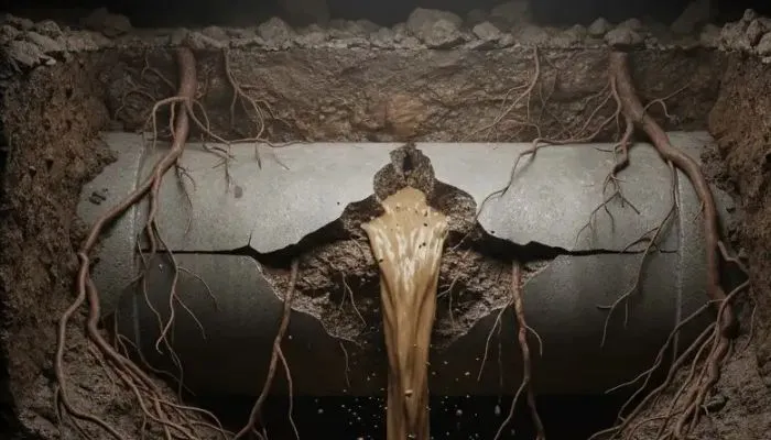 broken sewer pipe damaged by tree root intrusion. emergency trenchless sewer repair frederick, md.