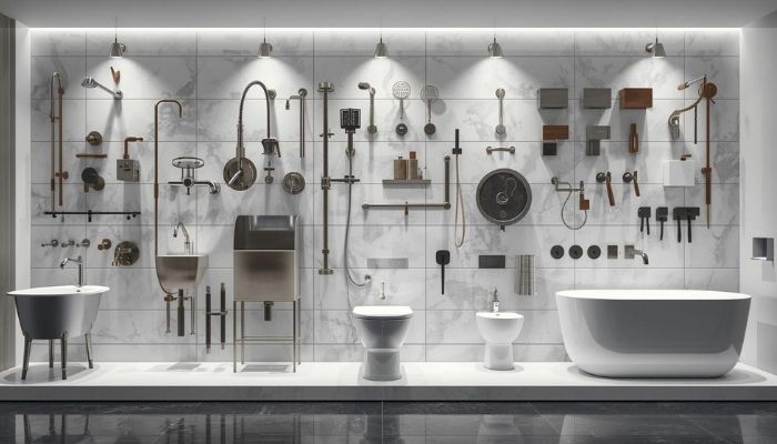 Showroom display of specialty and vintage bathroom plumbing fixtures, including bronze shower systems and industrial sink hardware, for local installation.