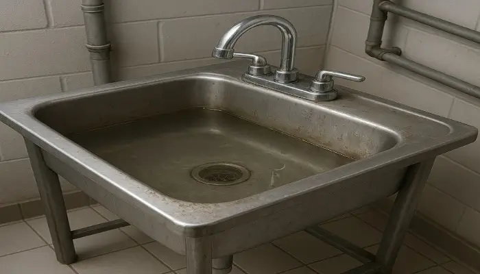 Utility sink with faucet needing repair, showcasing plumbing fixture services for local homes.