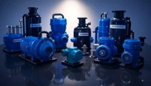 blue and black industrial and residential water pumps on display for local plumbing repair and installation services